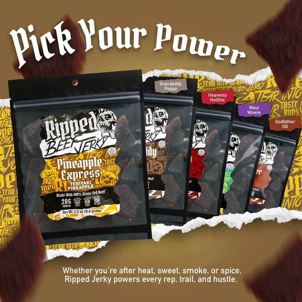 Ripped Beef Jerky Pineapple Pack – 100% Grass Fed, 20g Protein, Gluten Free, No MSG, Made in USA