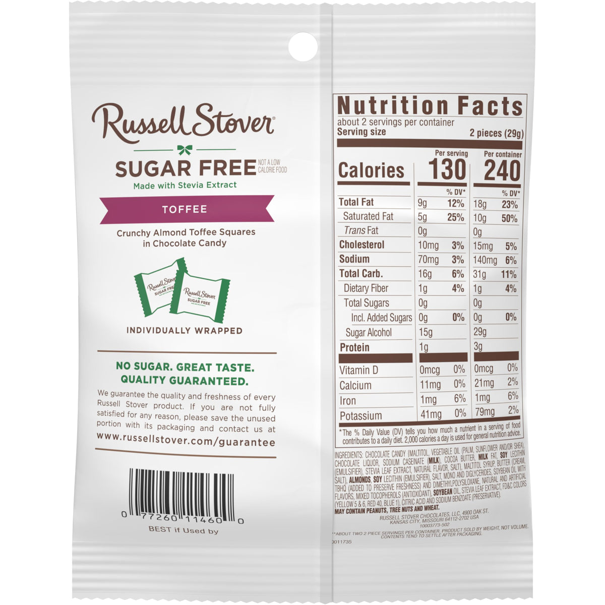 RUSSELL STOVER Sugar Free Toffee Squares in Chocolate Candy – 2 oz Bag (Pack of 10)