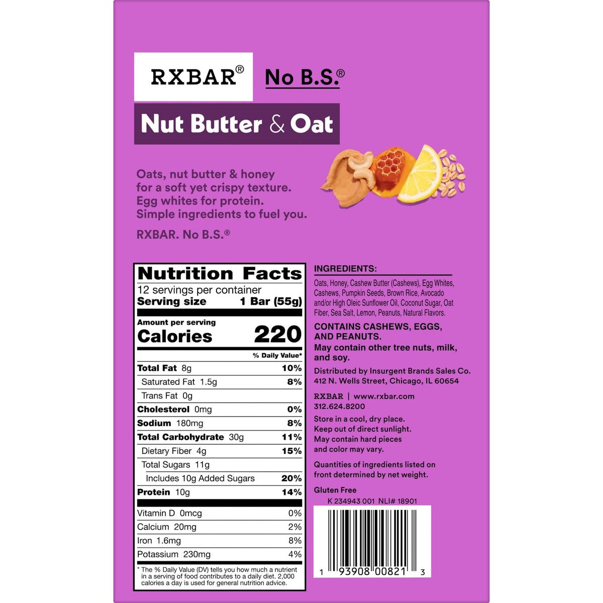 RXBAR Nut Butter & Oat Protein Bars – Lemon Honey Cashew Butter, 12 Bars