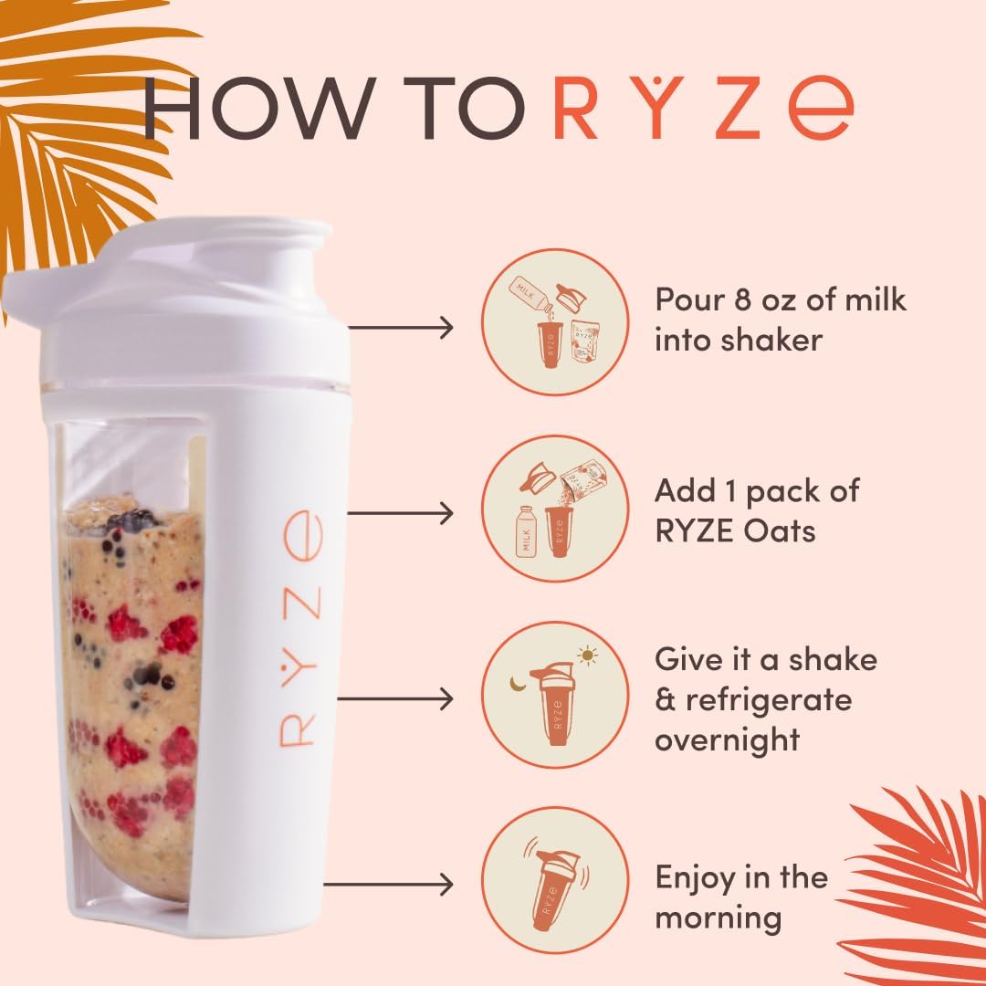 RYZE SUPERFOODS Mushroom Protein Overnight Oats – 7 Servings, 20g Grass-Fed Whey, 6 Adaptogenic Mushrooms, Chia Seeds