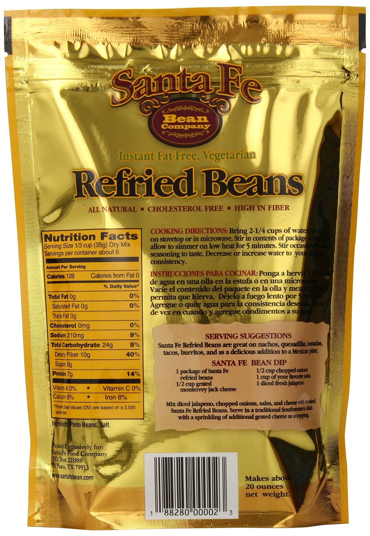 Santa Fe Bean Company Instant Fat Free Vegetarian Refried Beans – 7.25 oz (Pack of 8) All Natural, High Fiber, Gluten-Free