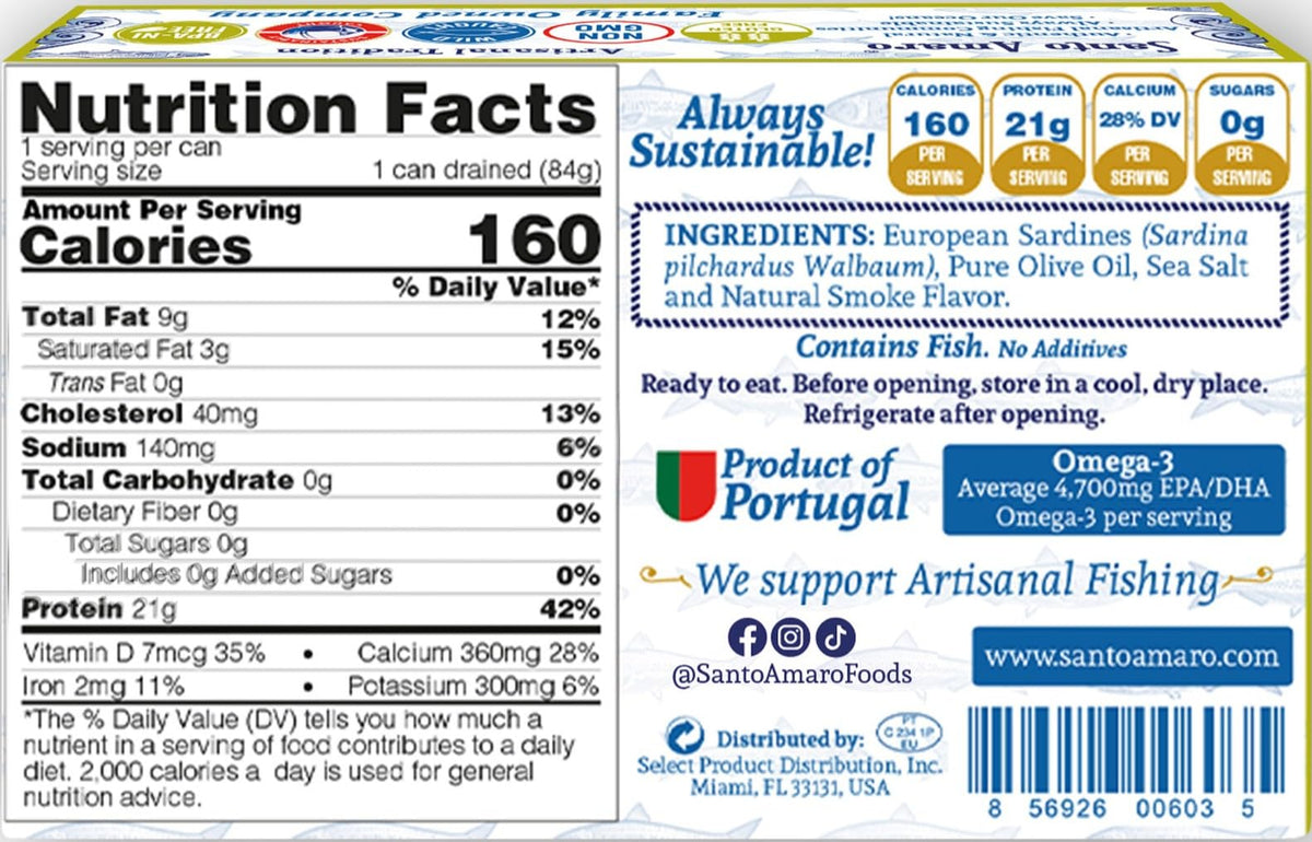 Santo Amaro Sardines in Olive Oil – Wild Caught, Hand-Packed in Portugal | Lightly Smoked, 21g Protein, Keto & Paleo