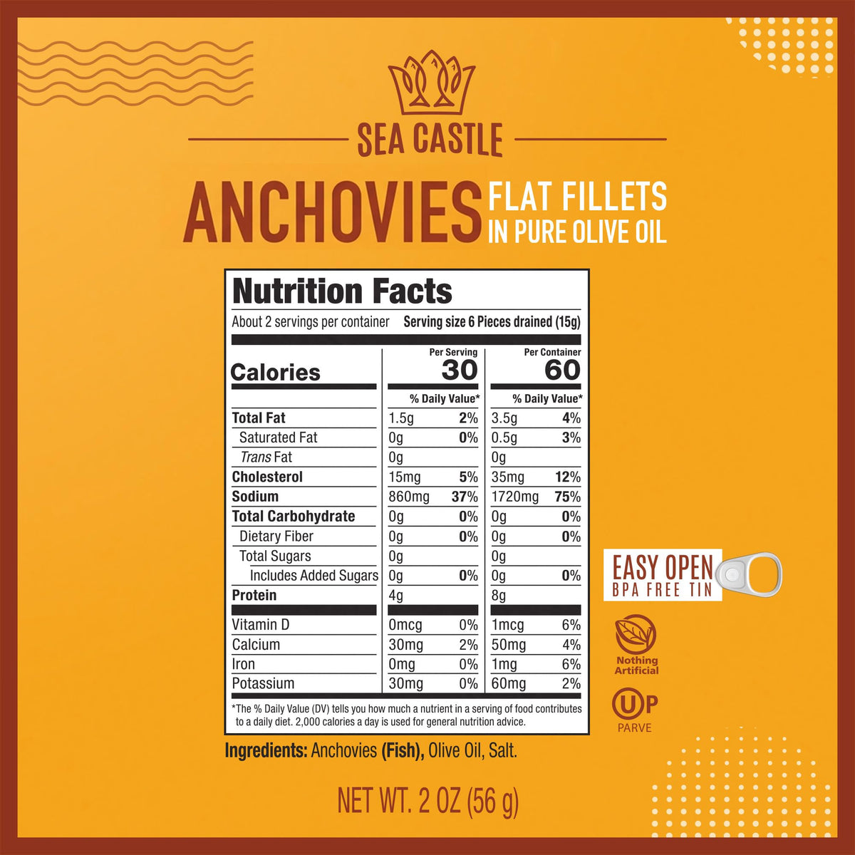 Sea Castle Anchovies in Pure Olive Oil – 2 oz Can (12 Pack), Wild Caught, Kosher