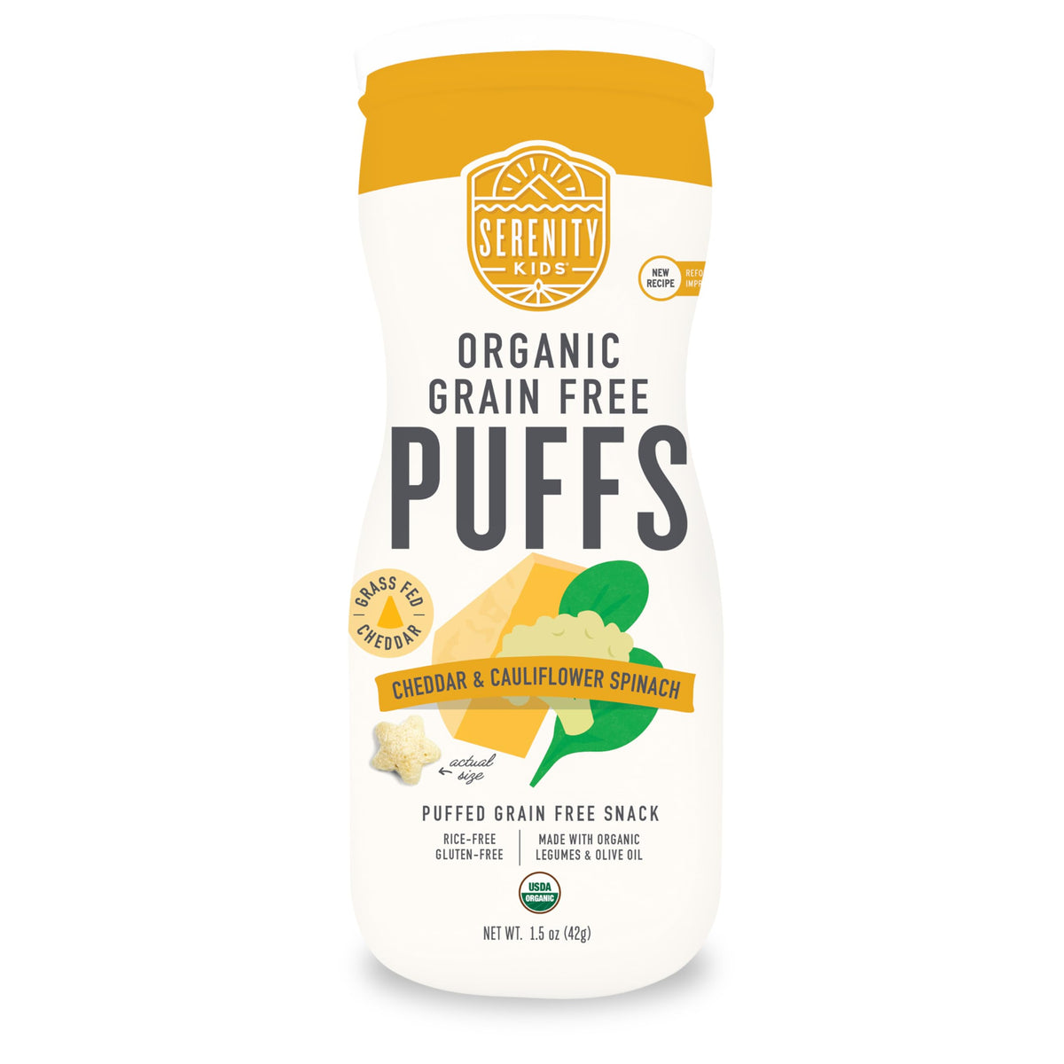 Serenity Kids 6+ Months Baby Puffs – USDA Organic, Grain-Free & Gluten-Free Snack (White Cheddar & Cauliflower Spinach) – Pack of 6