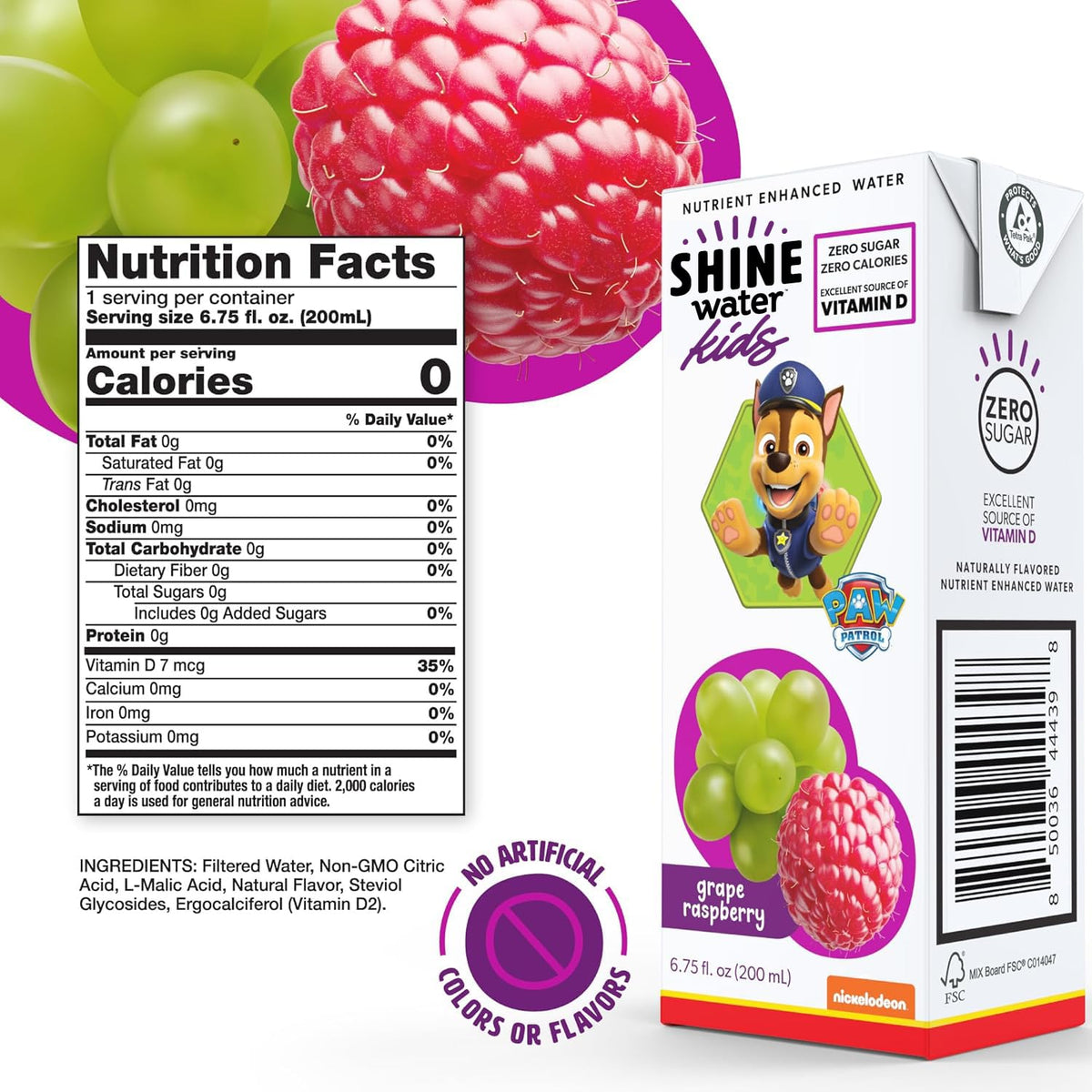 ShineWater x Paw Patrol Grape Raspberry Kids Juice Boxes with Vitamin D | No Added Sugar | 32 Pack