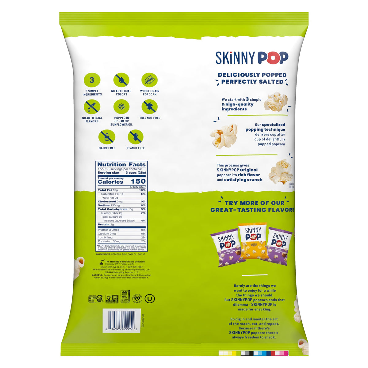 SkinnyPop Original Popcorn – Whole Grain, Dairy-Free Snack | 8oz Family Size (6ct)