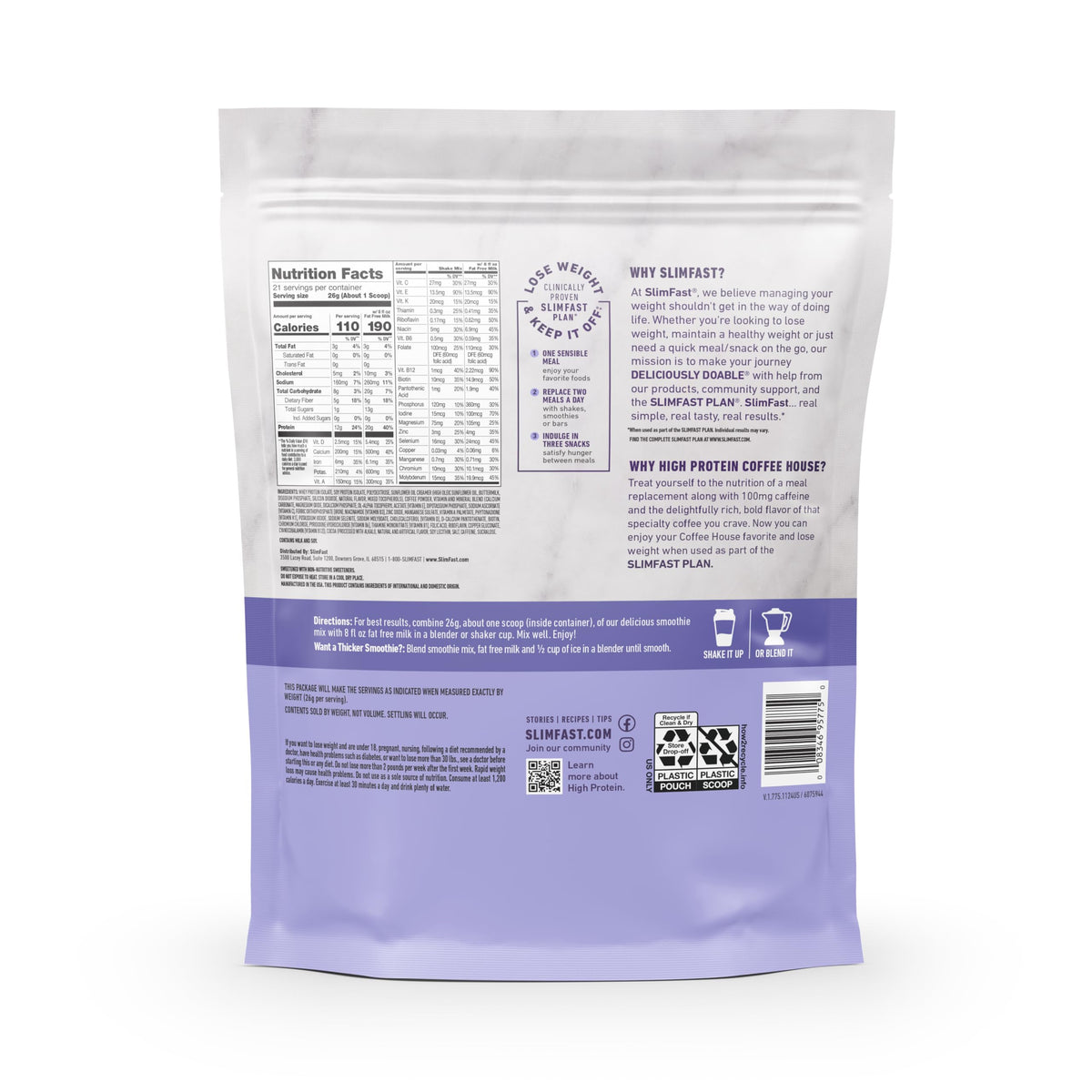 SlimFast High Protein Coffee House Smoothie Mix – Vanilla Latte & Mocha Cappuccino, 21 Servings