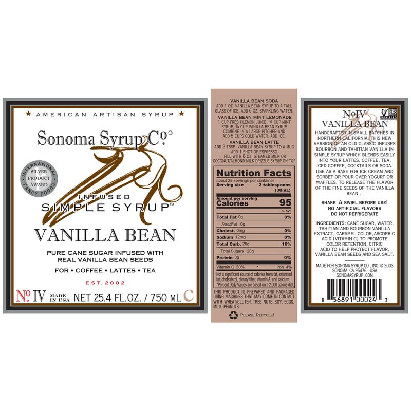 Sonoma Syrup Co Vanilla Bean Infused Simple Syrup – 25.4 fl oz | Coffee, Tea & Baking | Made in USA