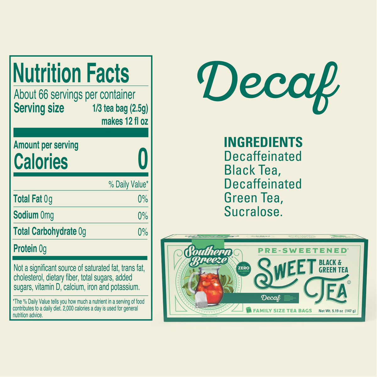 Southern Breeze Zero Sugar Decaf Sweet Tea – Hot Brew Iced Tea with Black Tea, 22 Bags per Box, Pack of 6