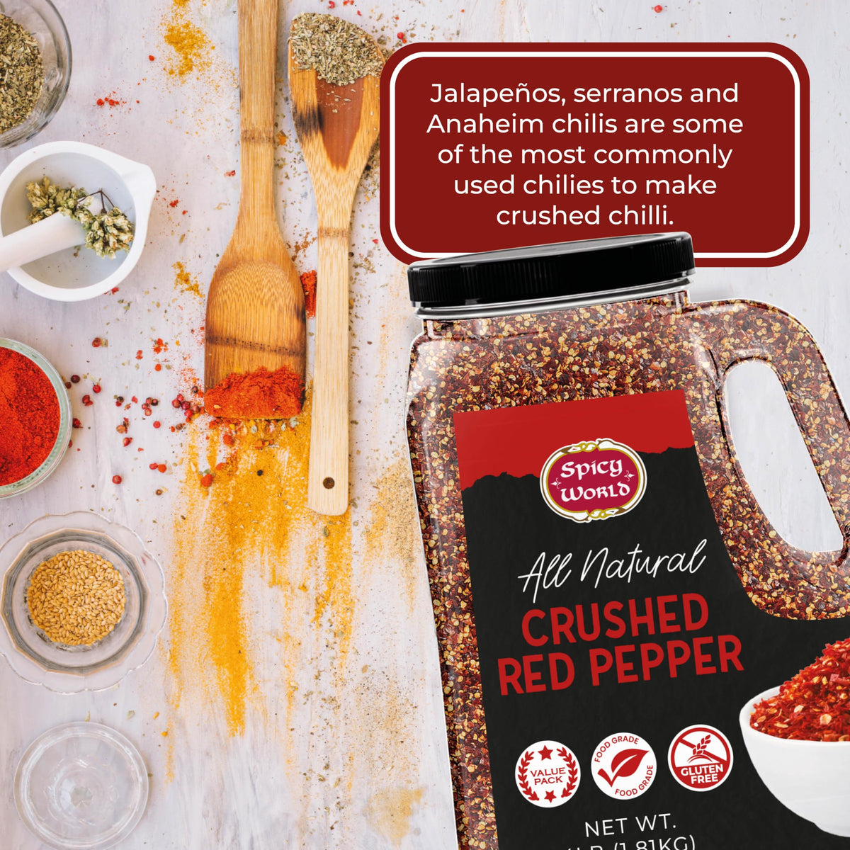 Spicy World Crushed Red Pepper Flakes - 4 lb Bulk Jar, All Natural Heat for Pasta, Pizza & More