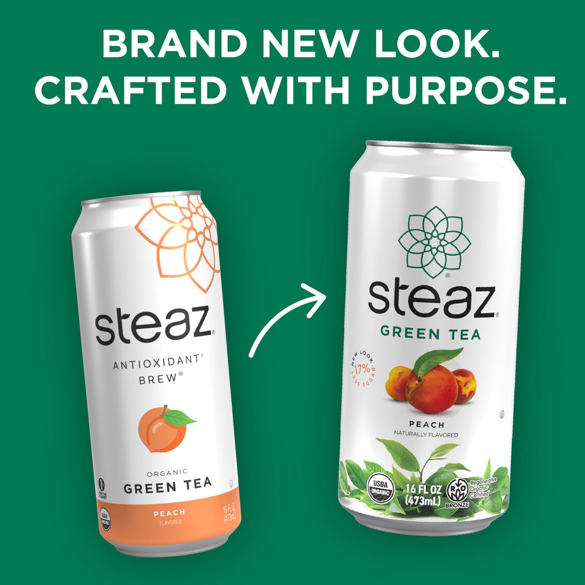 Steaz Zero Sugar Organic Green Tea - Peach Mango (12 Pack) | Regenerative Organic Certified