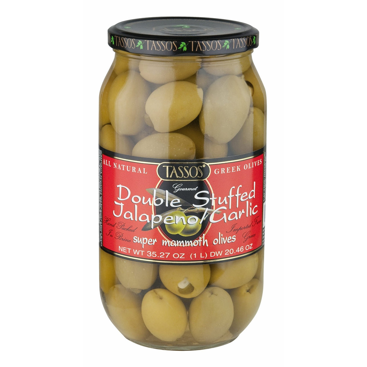 Tassos Double Stuffed Jalapeno & Garlic Olives – 1L Pack of 2