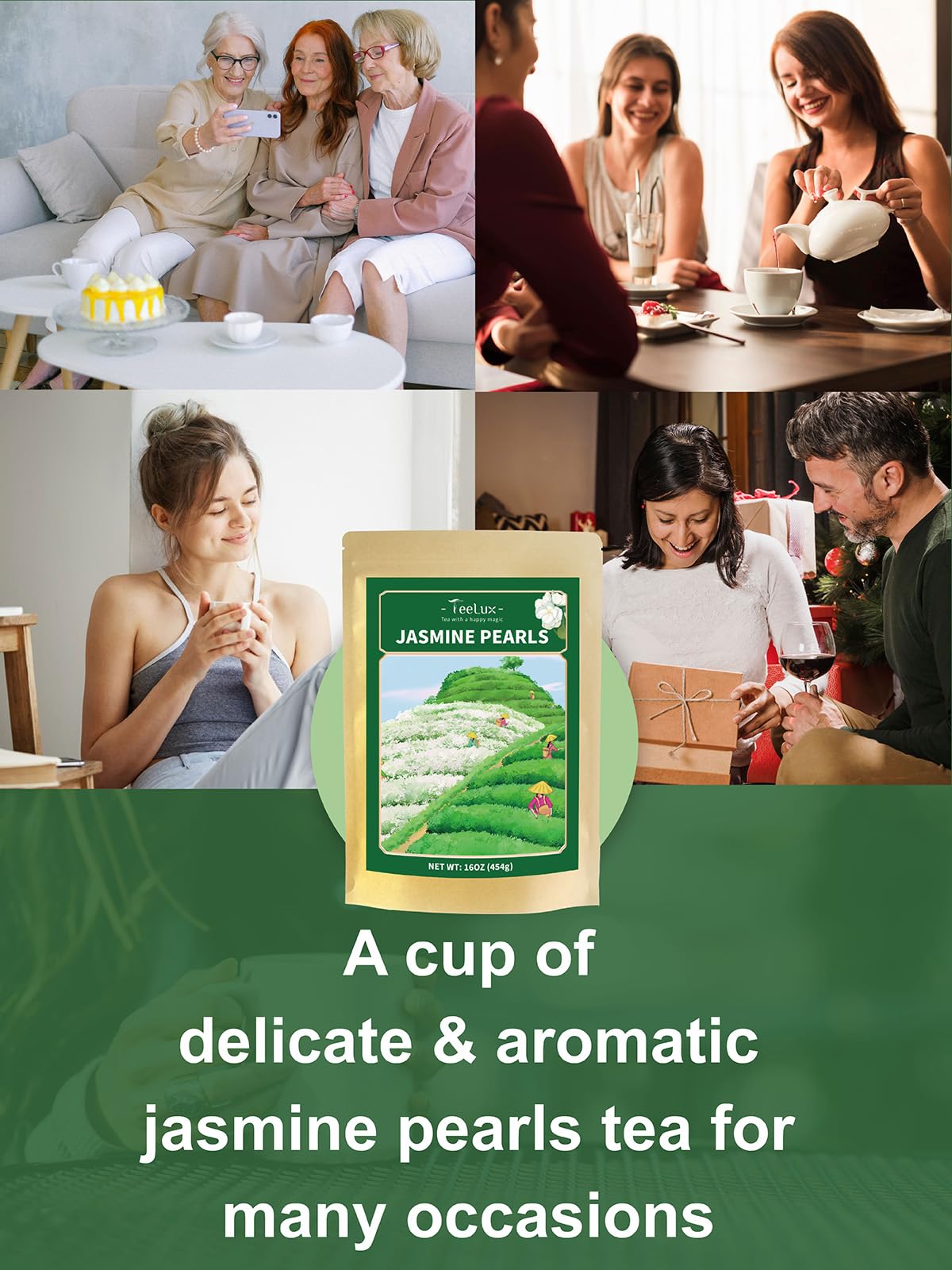 TeeLux Jasmine Pearls Green Tea – Handrolled Loose Leaf with Delicate Floral Aroma