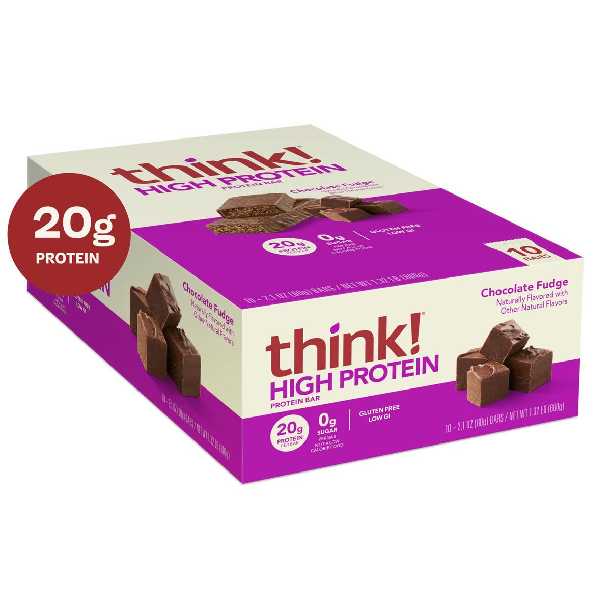Think! Protein Bars – Chocolate Fudge, 20g Protein, Gluten Free & Kosher Friendly, 2.1 oz, 10 Bars
