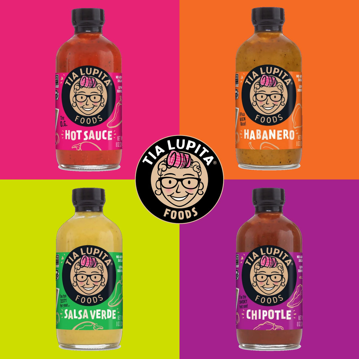 TIA LUPITA Hot Sauce Variety Pack – 4 Flavors: Jalapeño, Salsa Verde, Habanero, Chipotle | Gluten-Free, Non-GMO, Sugar-Free
