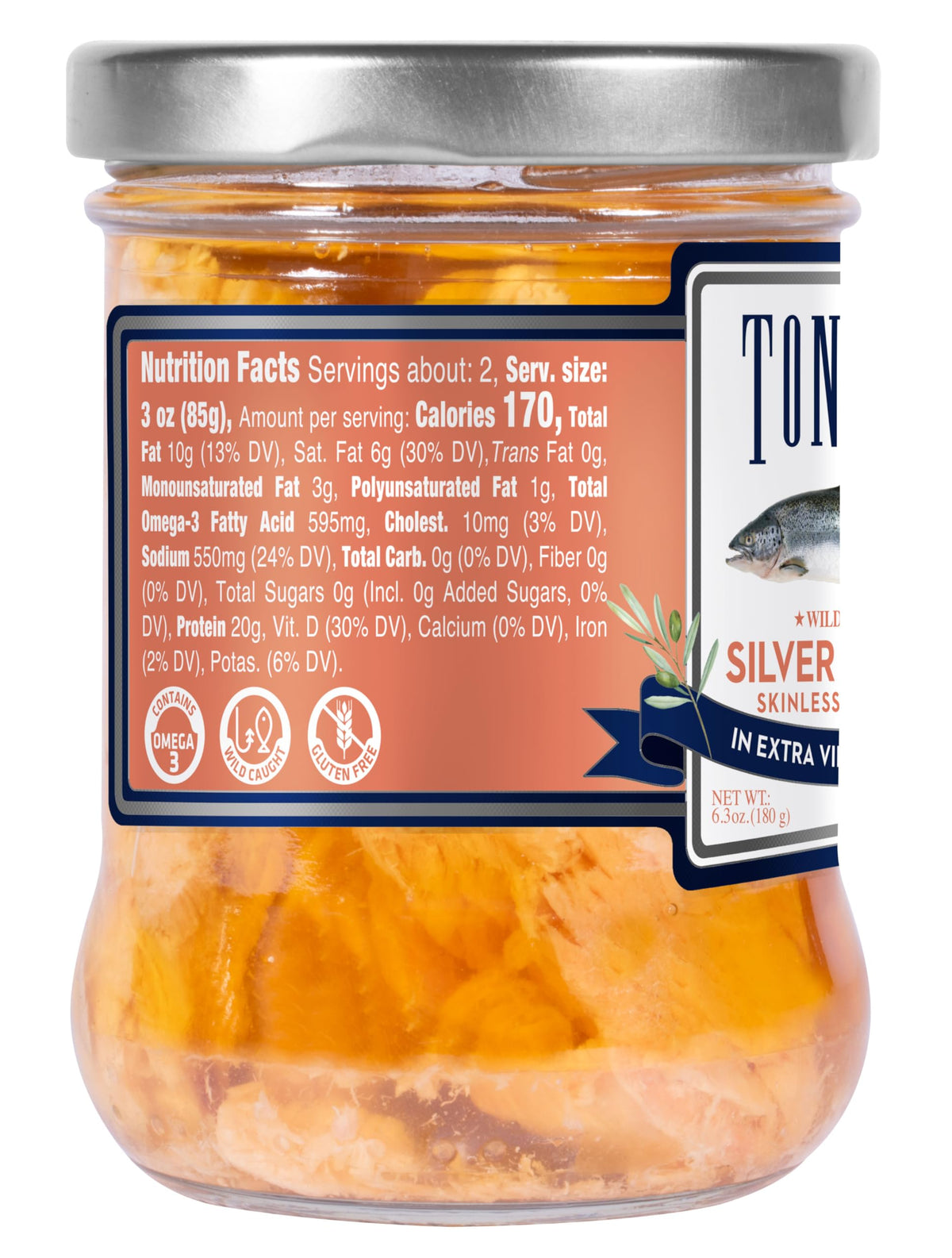 Tonnino Salmon Silver in Extra Virgin Olive Oil – Pack of 6 – Skinless & Boneless – Ready-to-Eat in Glass Jars