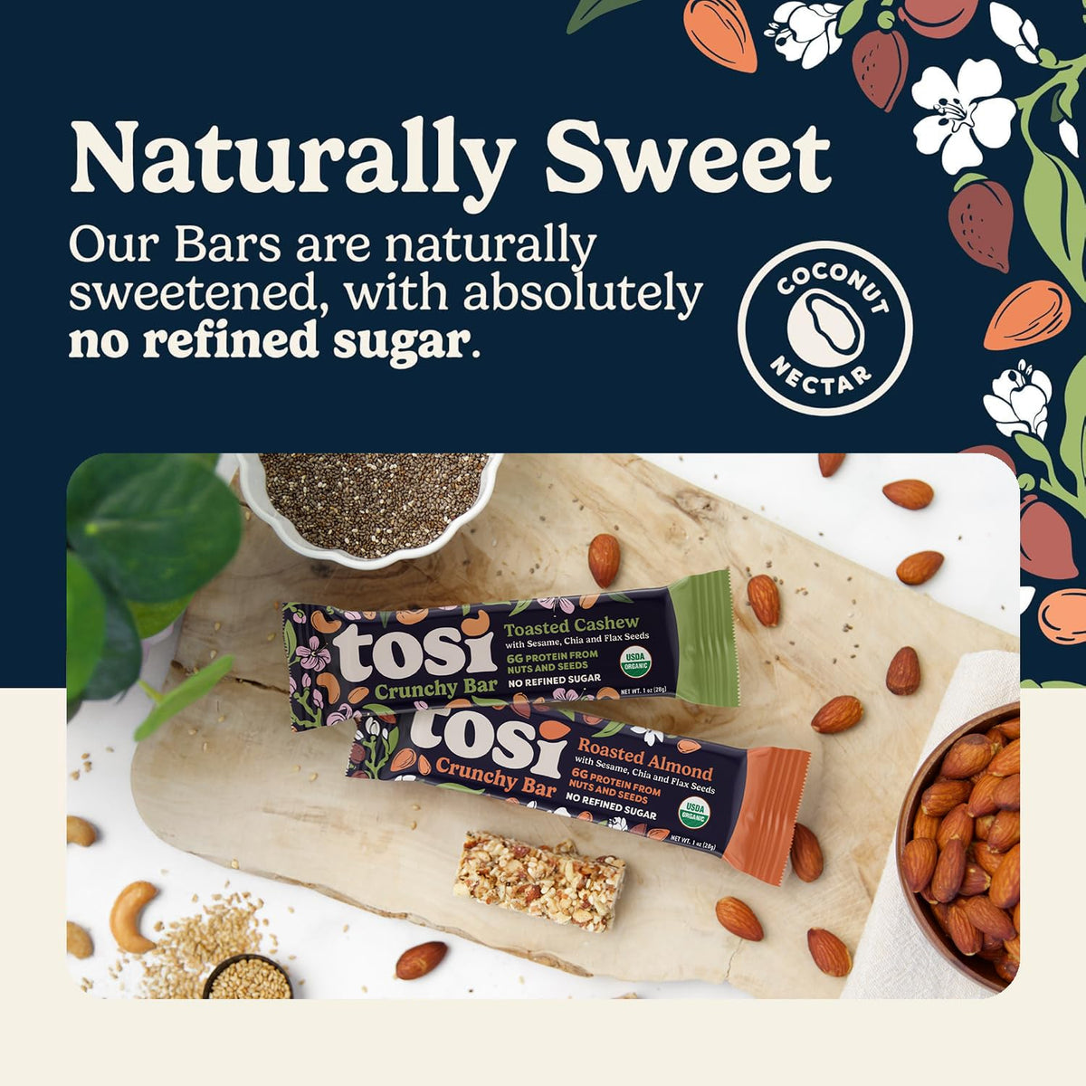 Tosi Almond & Cashew Protein Bars Combo – 1 oz, 12-Pack, Vegan & Gluten-Free