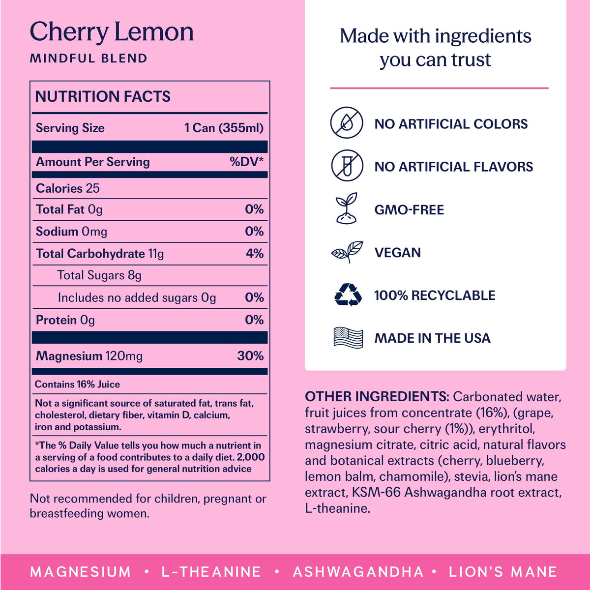 TRIP Lightly Sparkling Adaptogen Drink – Cherry Lemon | Magnesium, Ashwagandha, Lions Mane & L-Theanine, 0% ABV, 25 Calories, 12 oz, 12-Pack