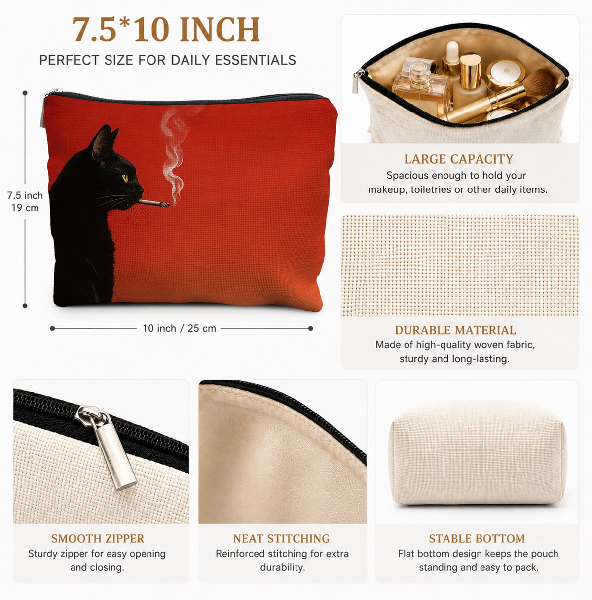 UNCDLV Funny Black Cat Makeup Bag Cosmetic for Women, Cat Lovers Gifts, Whimsical Quirky Smoking Black Kitten Portable Zipper Makeup Pouch Travel Toiletry Bags