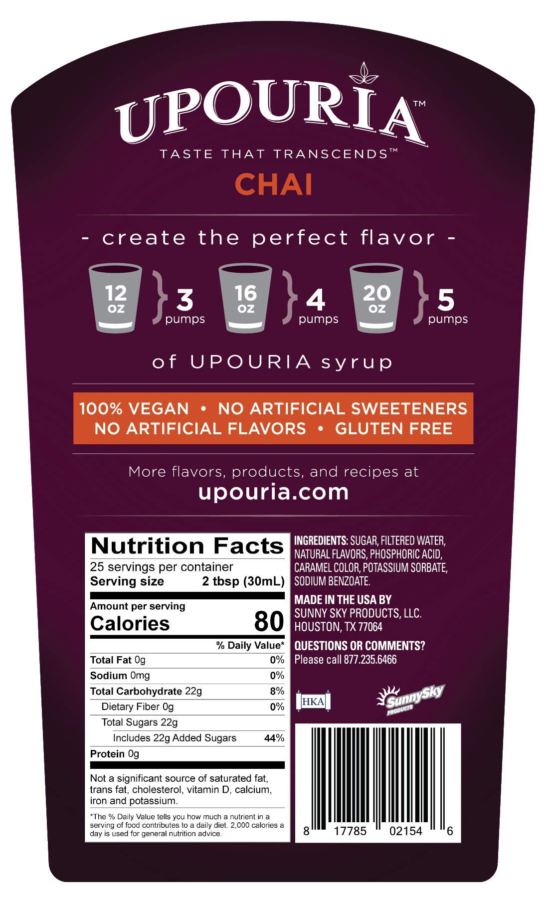 Upouria Chai Syrup Flavoring – 2 × 750ml Bottles with Pump | Vegan, Gluten-Free, Kosher