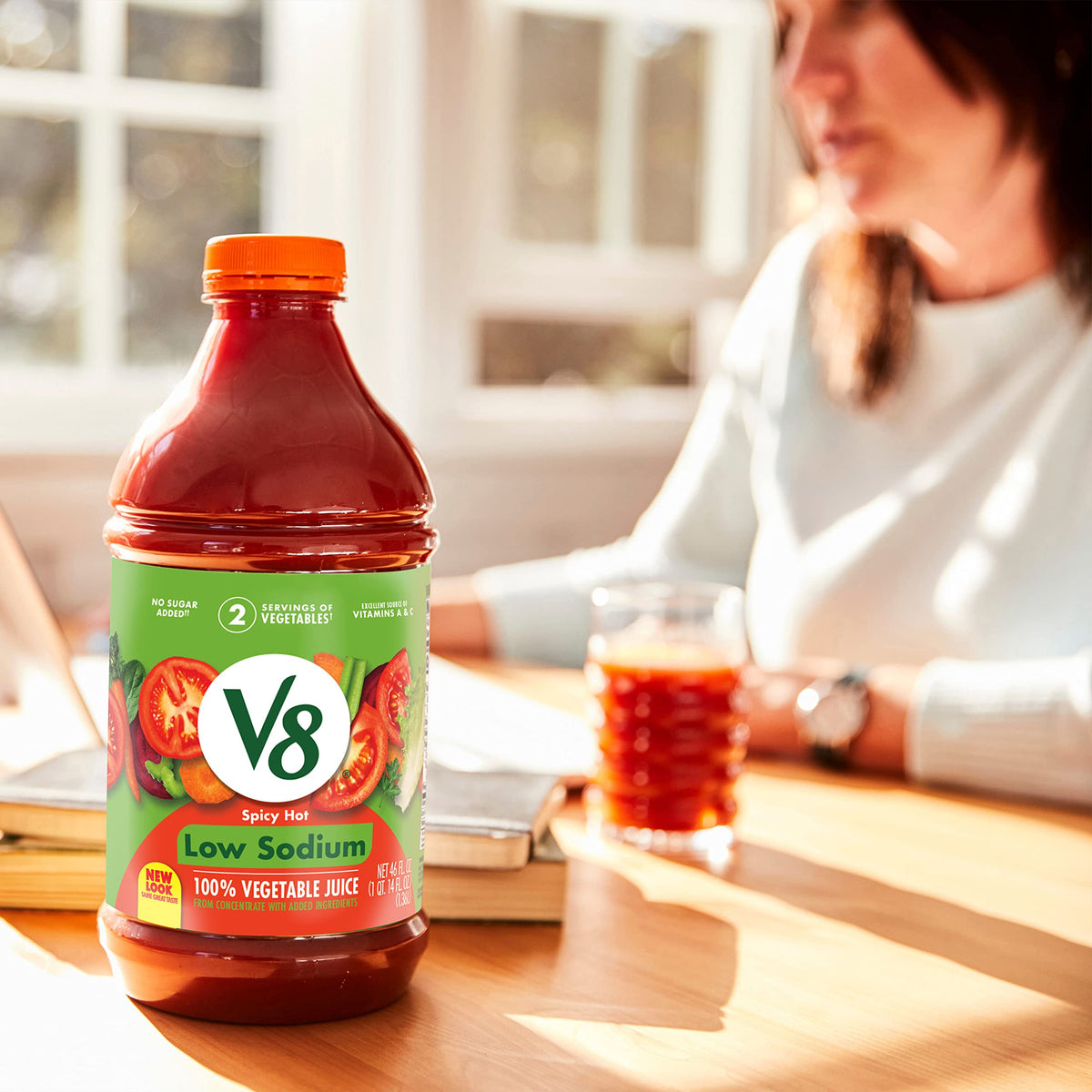 V8 Low Sodium Spicy Hot 100% Vegetable Juice – 46 oz Bottle (6 Pack) | Gluten Free, Non-GMO