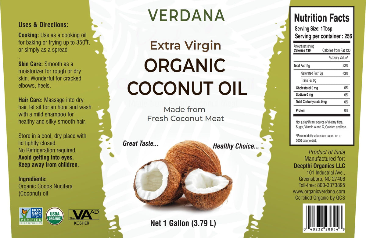 Verdana Organic Extra Virgin Coconut Oil — 1 Gallon Bulk, USDA Organic, Unrefined & Cold Pressed | Cooking, Baking & Soap Making