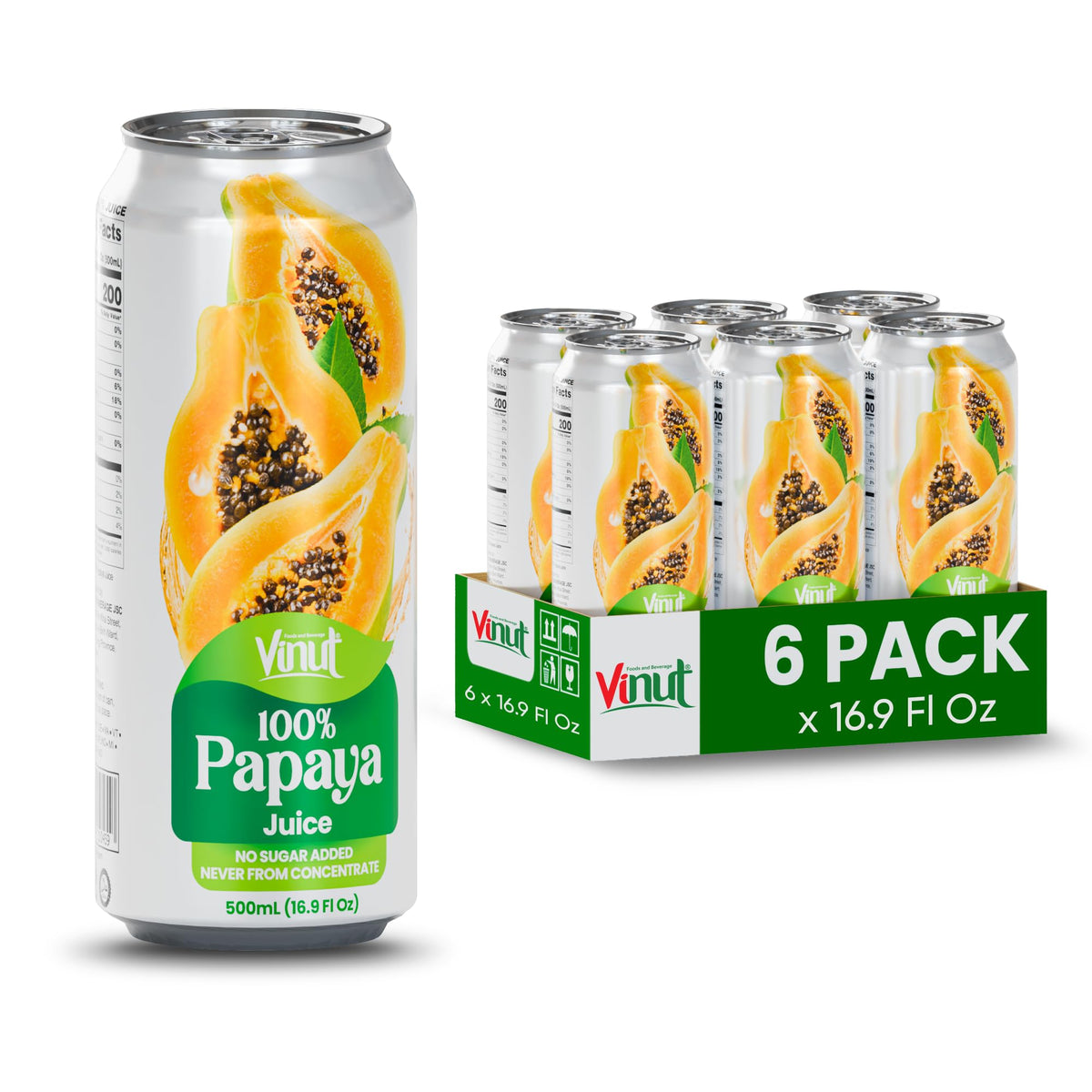 VINUT 100% Papaya Juice – No Added Sugar, Not From Concentrate, 16.9 fl oz Can, Pack of 12