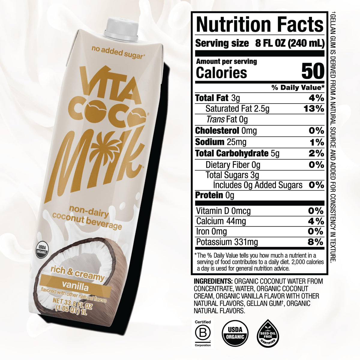Vita Coco Vanilla Organic Coconut Milk – Plant-Based, Dairy-Free, Unsweetened (6 x 33.8 oz)