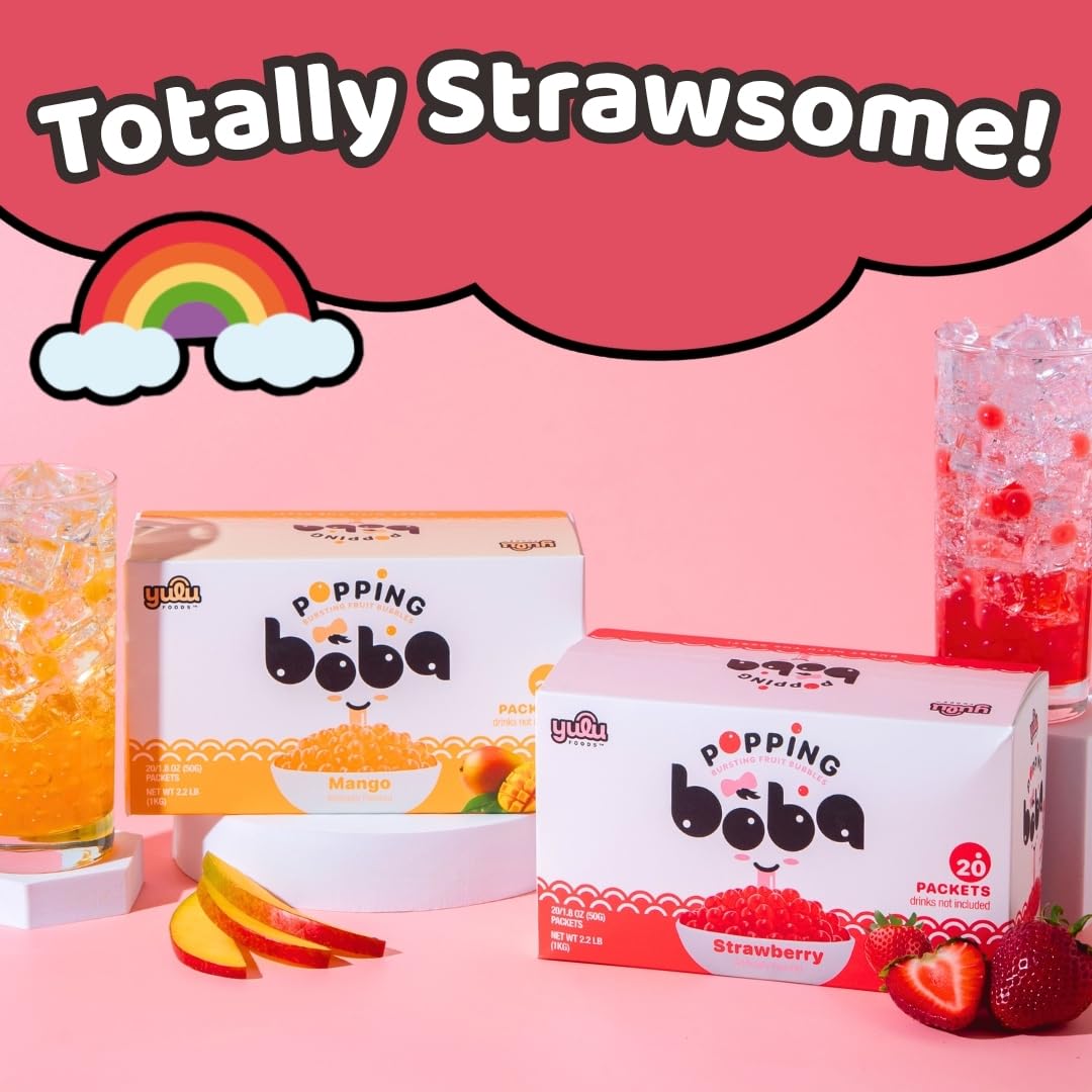 YULU FOODS Strawberry Popping Boba Pearls – Bursting Fruit Bubbles (20 Pack) – Ready to Eat