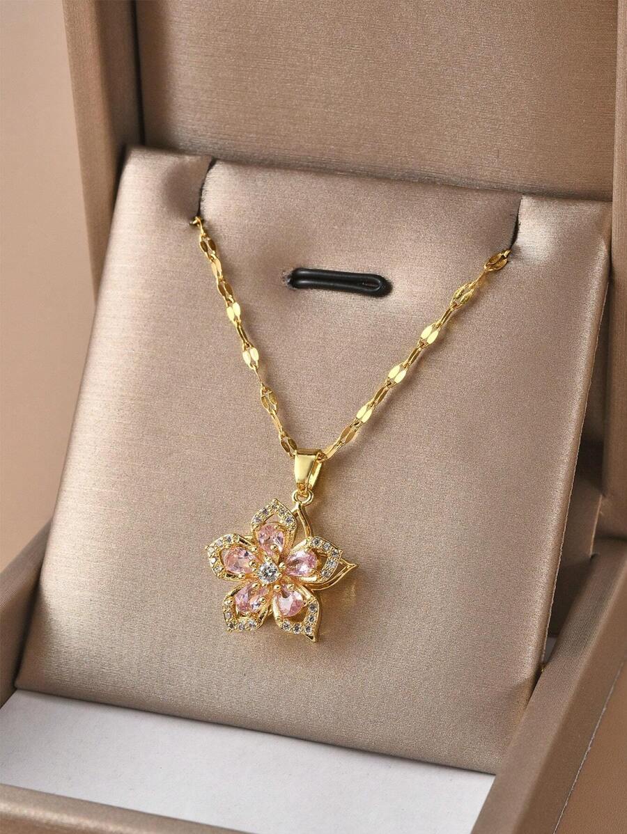 1pc Stainless Steel 5-Petal Rotating Flower Necklace