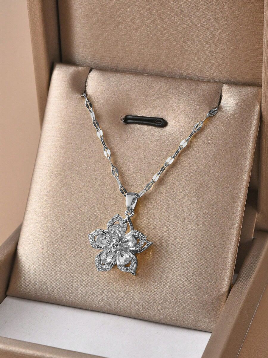 1pc Stainless Steel 5-Petal Rotating Flower Necklace