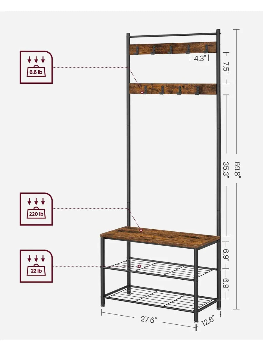 VASAGLE Coat Rack, Hall Tree With Shoe Storage Bench