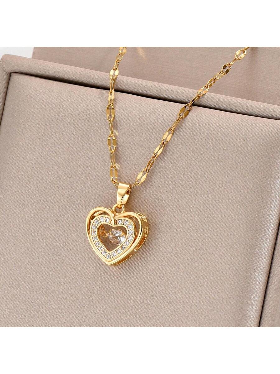 Gold-Plated Stainless Steel Cz Cube & Moving Heart
