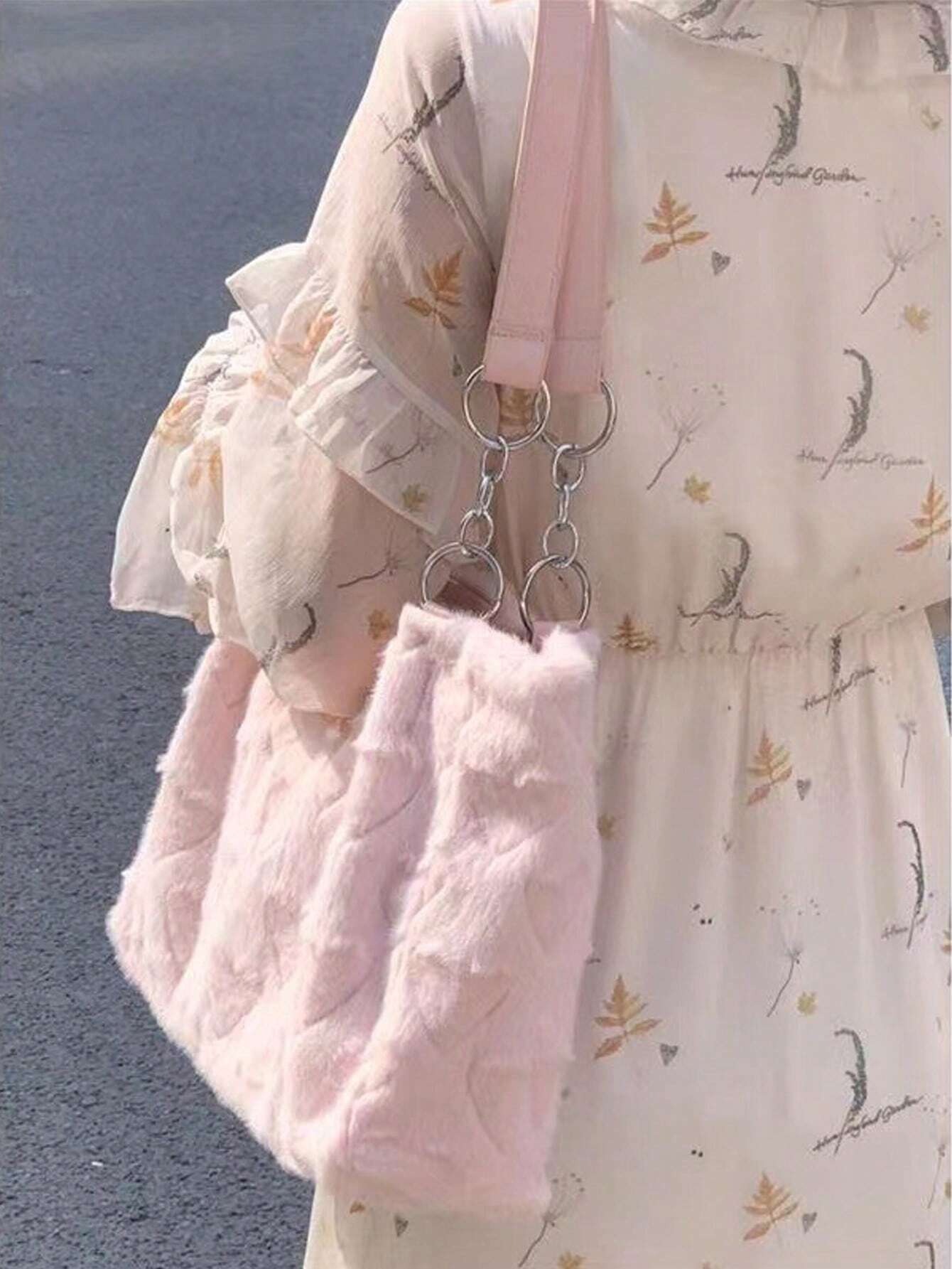 Pink Love-Shaped Plush Shoulder Bag