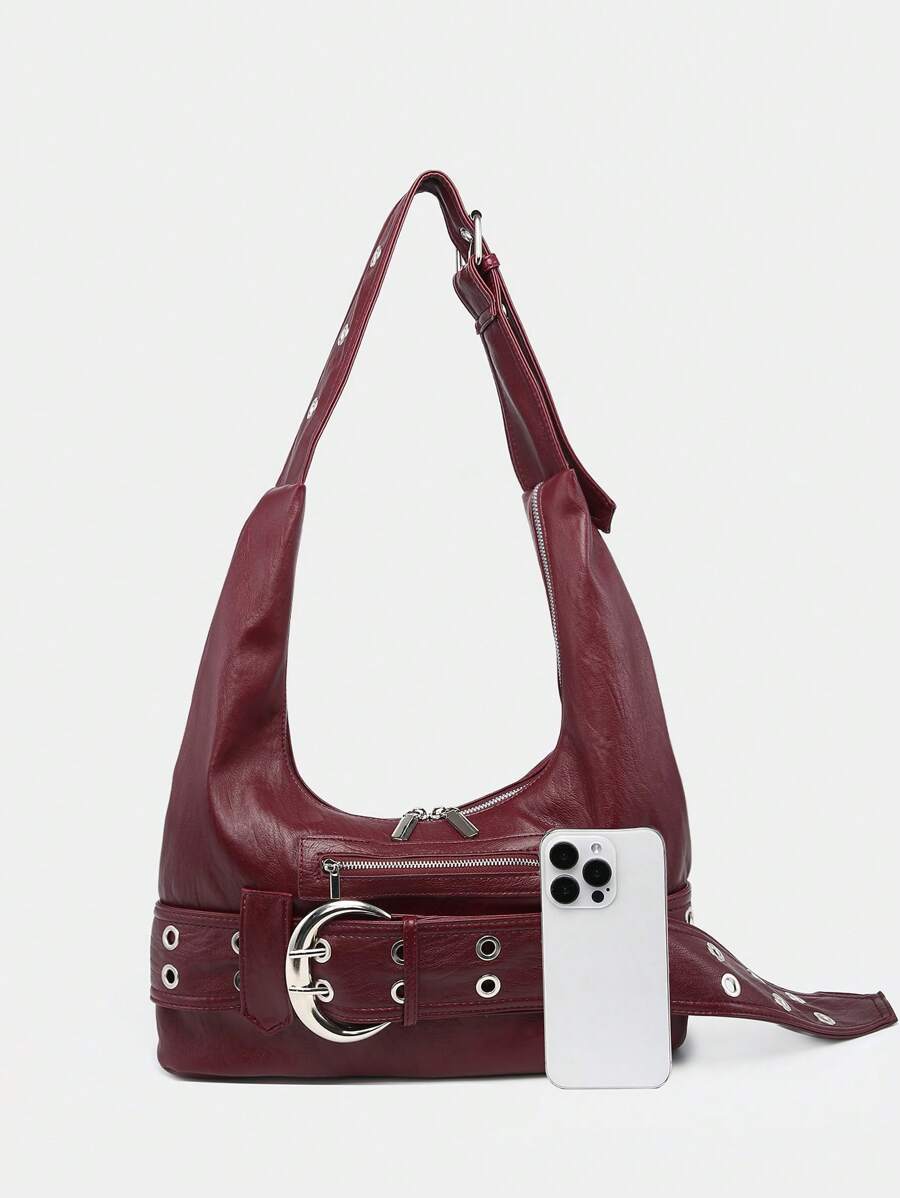 Multi-Strap Metal Decor Casual Distressed Faux Leather Shoulder Underarm Bag