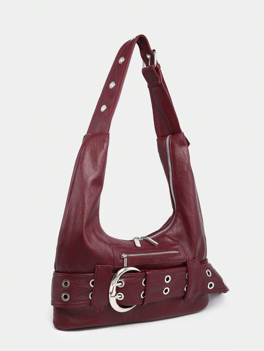 Multi-Strap Metal Decor Casual Distressed Faux Leather Shoulder Underarm Bag