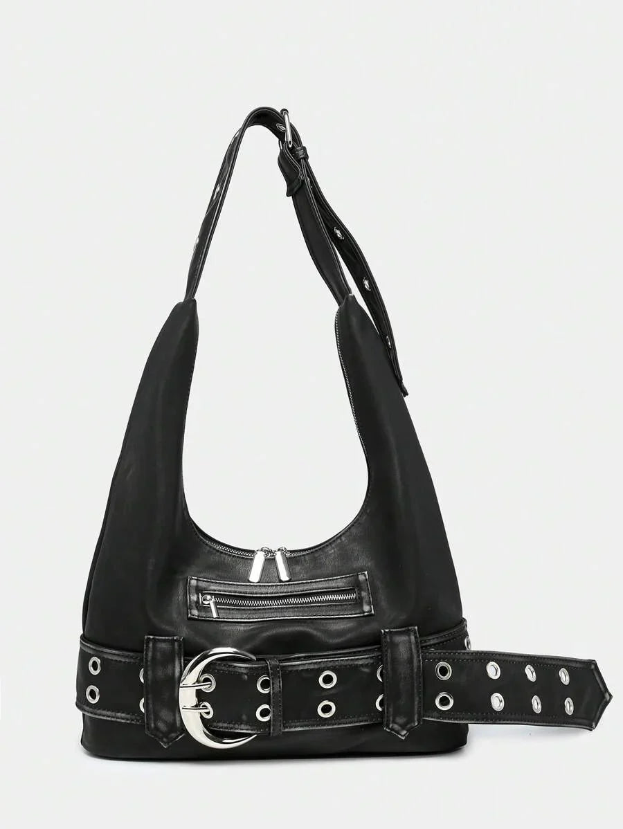 Multi-Strap Metal Decor Casual Distressed Faux Leather Shoulder Underarm Bag