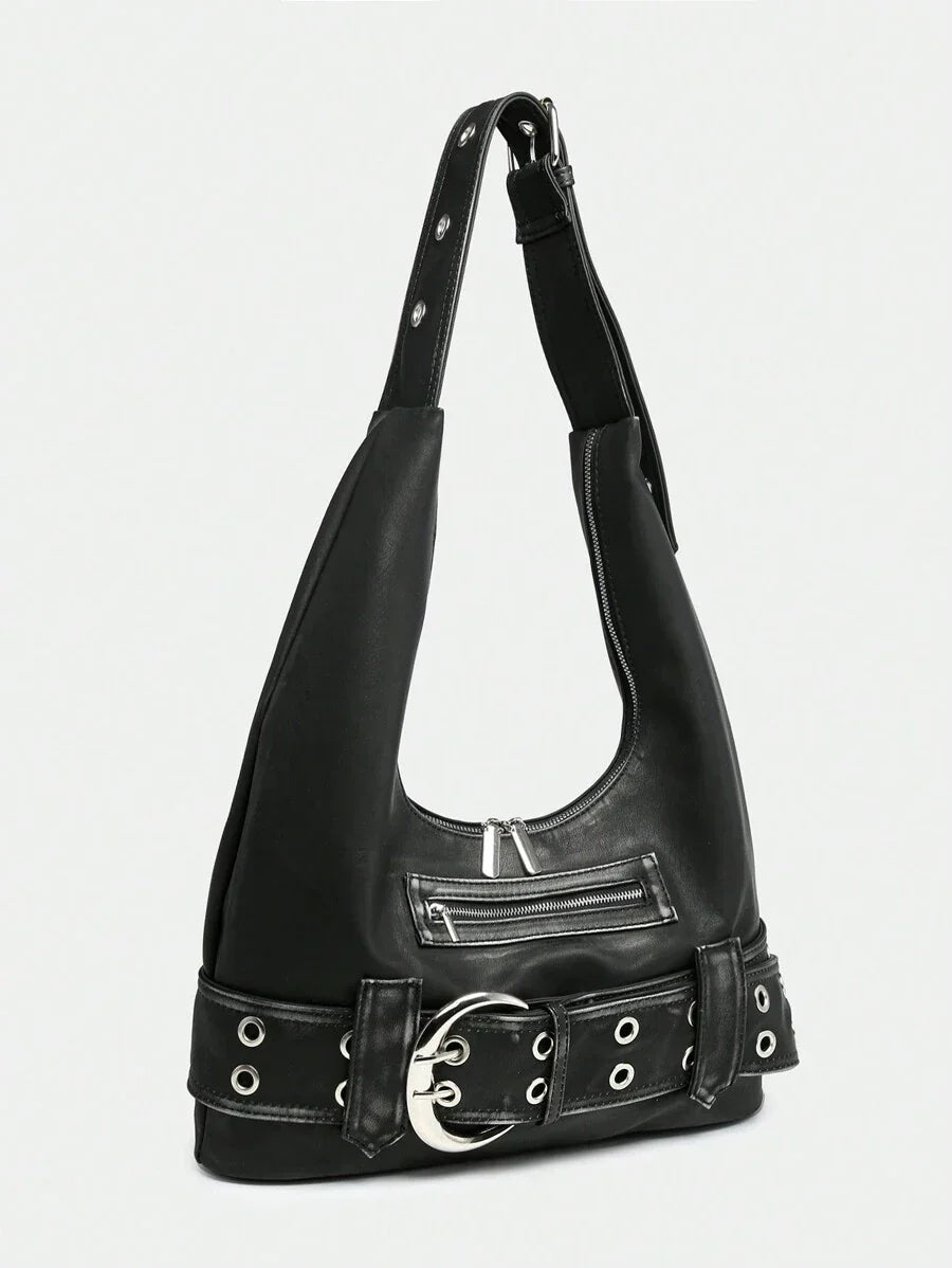 Multi-Strap Metal Decor Casual Distressed Faux Leather Shoulder Underarm Bag
