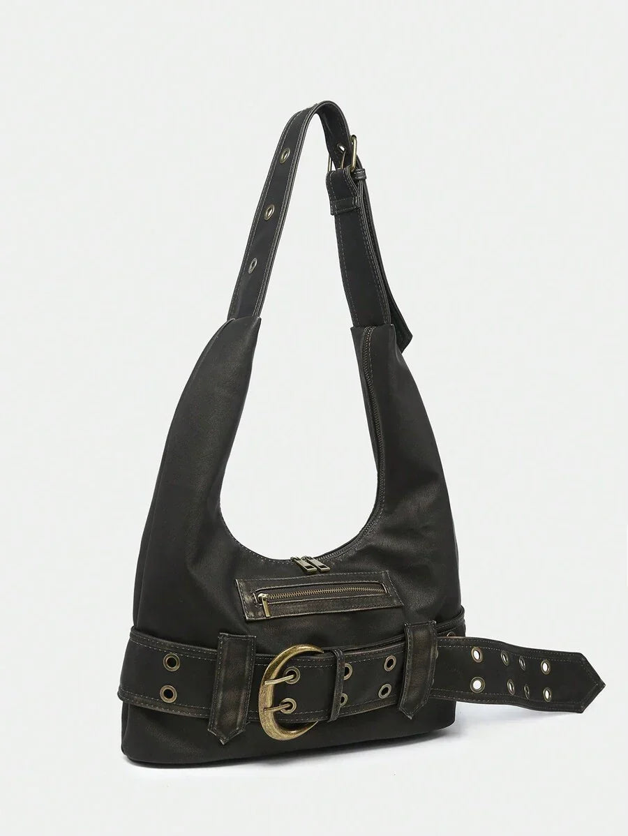 Multi-Strap Metal Decor Casual Distressed Faux Leather Shoulder Underarm Bag
