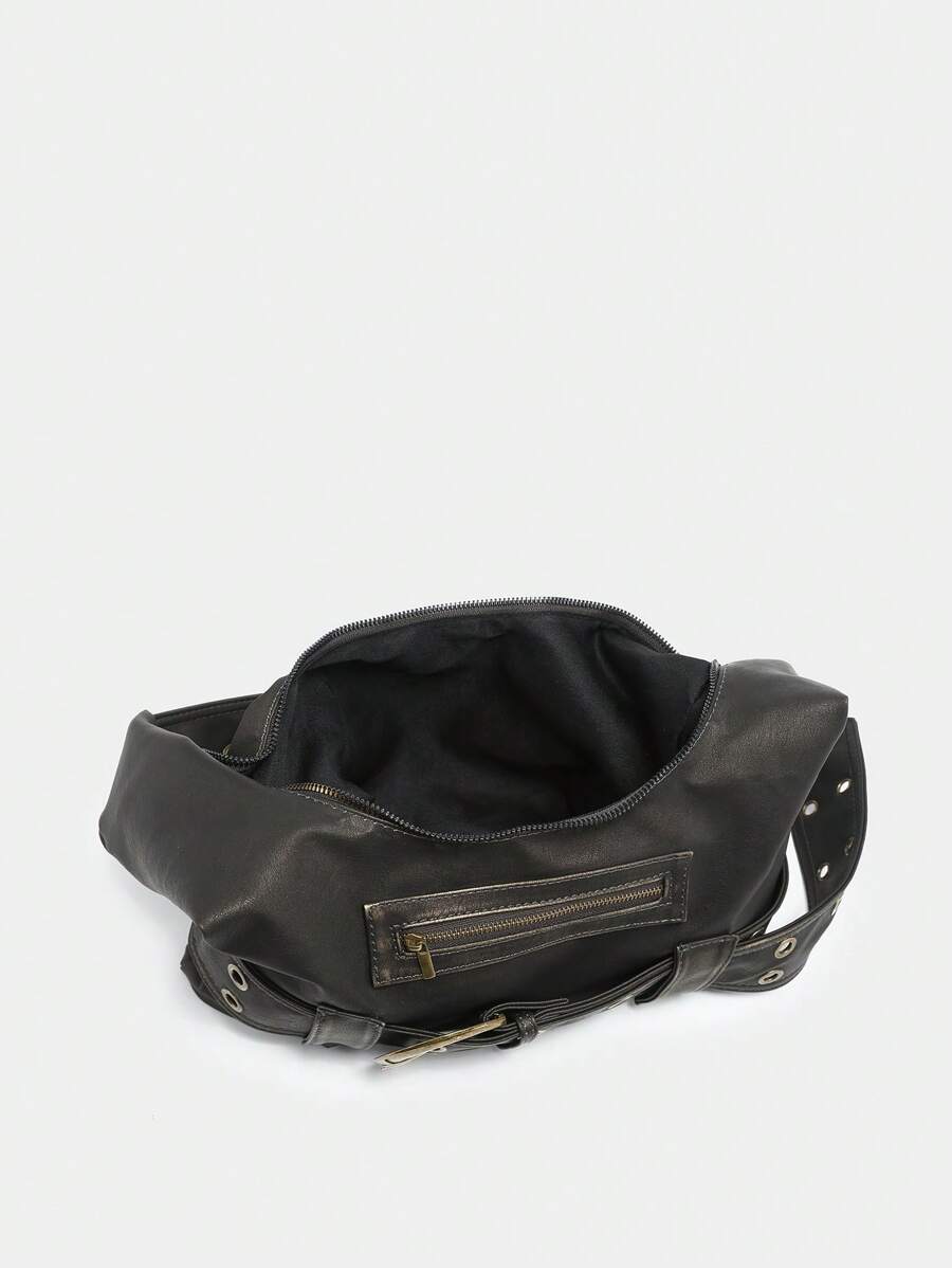 Multi-Strap Metal Decor Casual Distressed Faux Leather Shoulder Underarm Bag