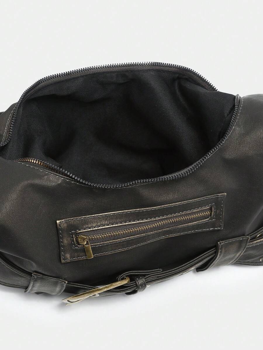 Multi-Strap Metal Decor Casual Distressed Faux Leather Shoulder Underarm Bag