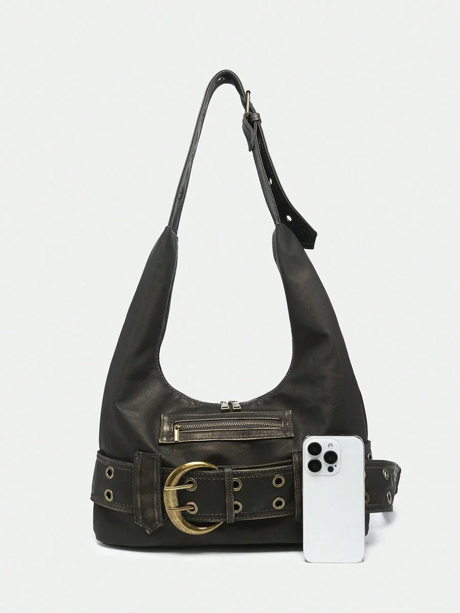 Multi-Strap Metal Decor Casual Distressed Faux Leather Shoulder Underarm Bag