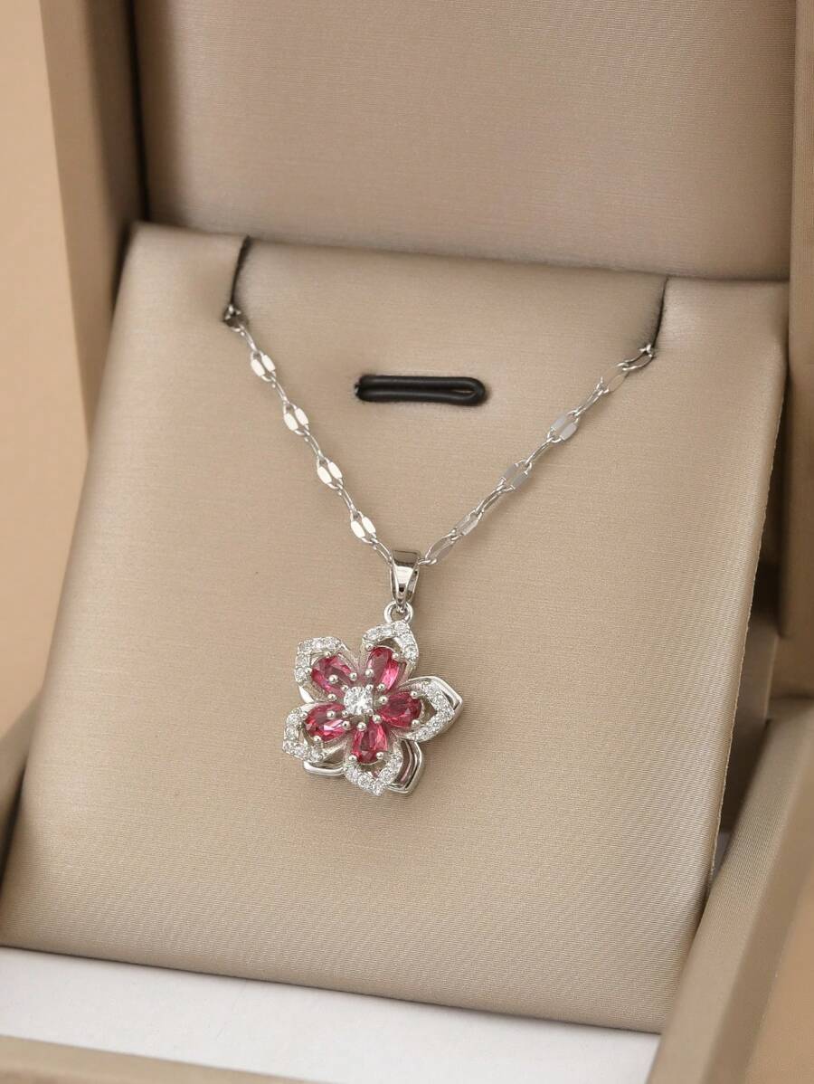 1pc Stainless Steel 5-Petal Rotating Flower Necklace
