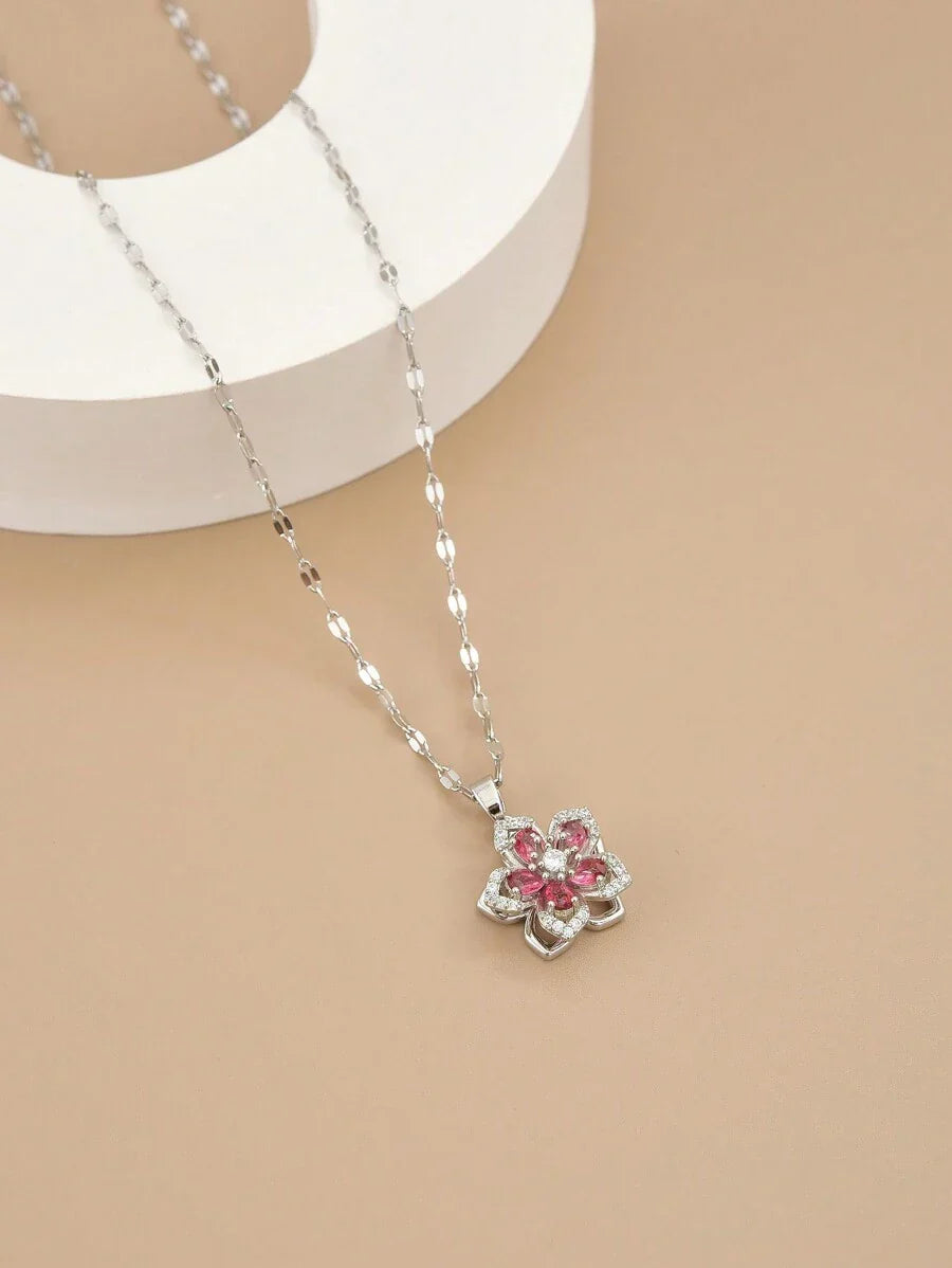 1pc Stainless Steel 5-Petal Rotating Flower Necklace