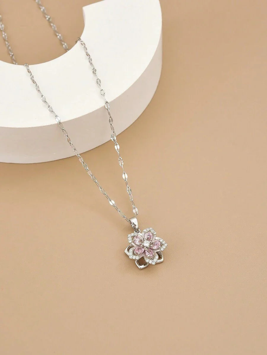 1pc Stainless Steel 5-Petal Rotating Flower Necklace