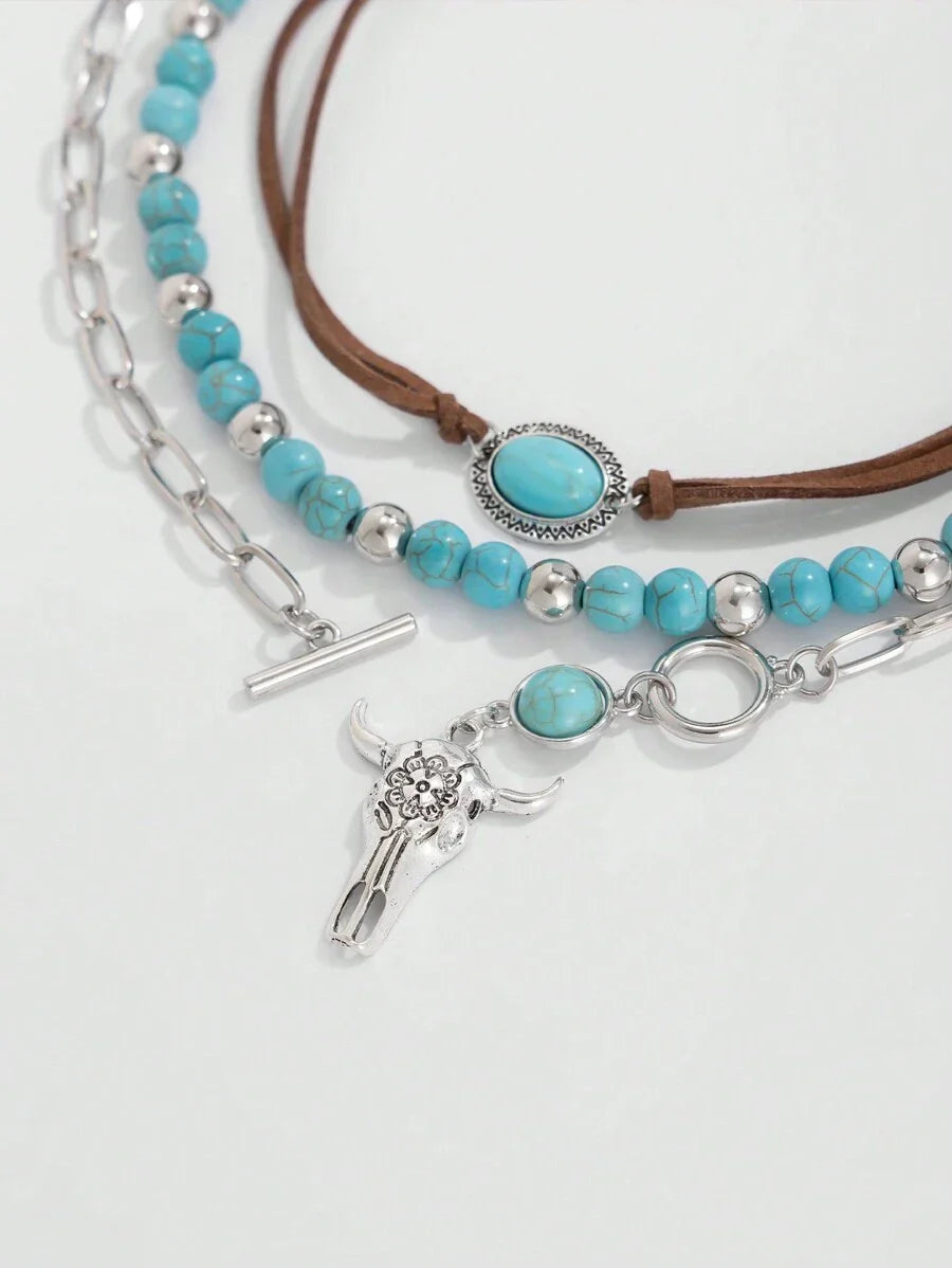 ROMWE Fairycore Fashionable Bohemian Western Style Turquoise Beaded Necklace Set