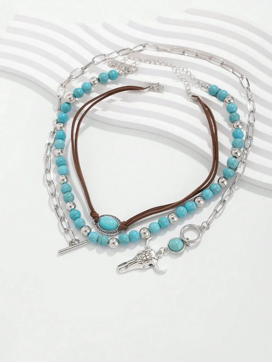 ROMWE Fairycore Fashionable Bohemian Western Style Turquoise Beaded Necklace Set