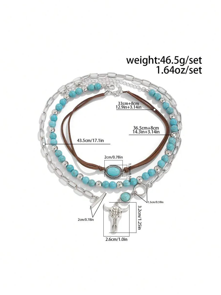 ROMWE Fairycore Fashionable Bohemian Western Style Turquoise Beaded Necklace Set