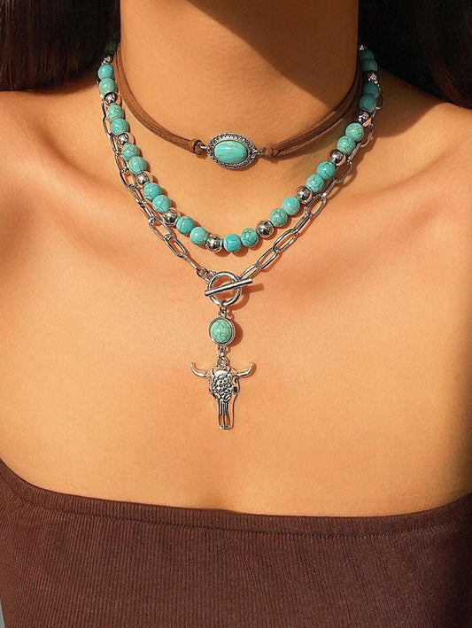 ROMWE Fairycore Fashionable Bohemian Western Style Turquoise Beaded Necklace Set