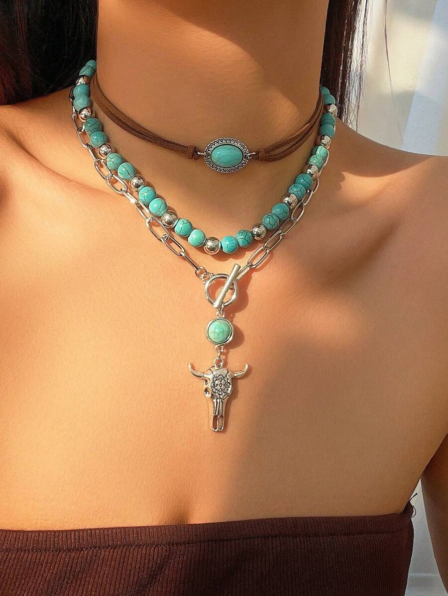 ROMWE Fairycore Fashionable Bohemian Western Style Turquoise Beaded Necklace Set